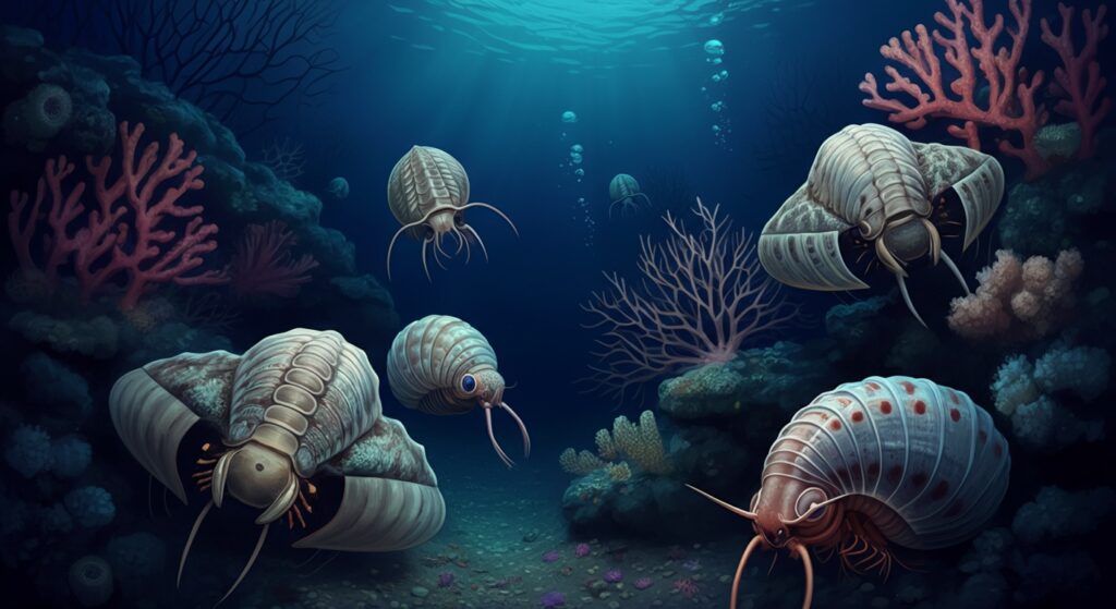 Deep sea creatures like pteropods and deep-sea corals in a slightly acidic ocean environment, with a hint of stress on their calcium carbonate shells, dark blue and mysterious tones, realistic, scientific illustration style, no text