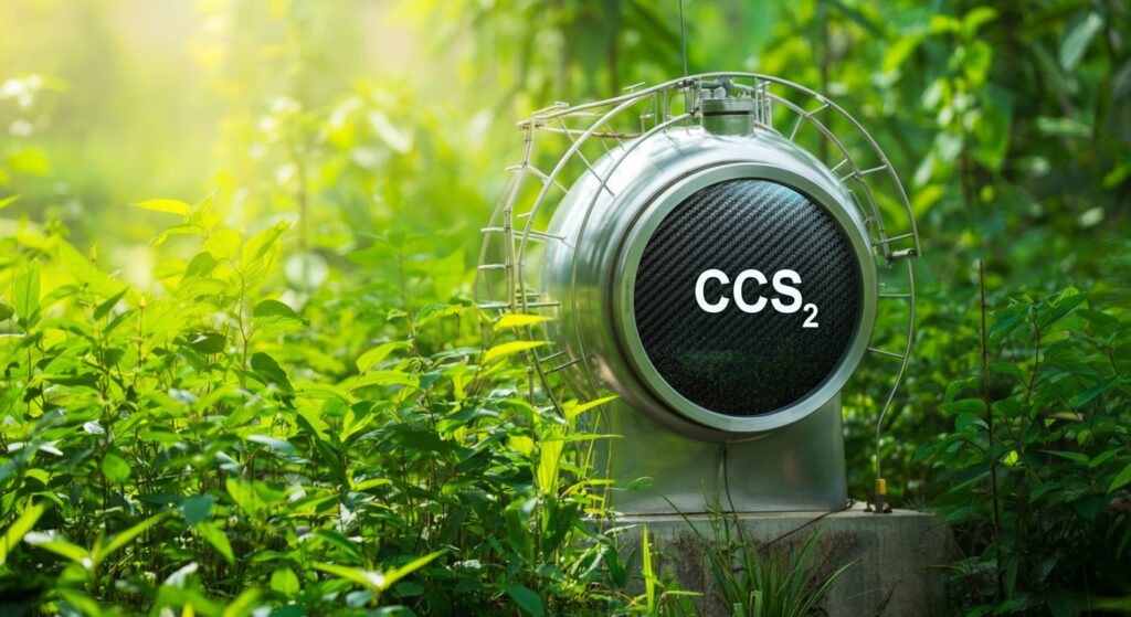 Carbon Capture and Storage (CCS) CCS bezeichnet eine Technologie zur Abscheidung von Kohlendioxid (CO2) aus industriellen Prozessen oder der Atmosphäre. Das abgetrennte CO2 wird komprimiert und transportiert, um es anschließend dauerhaft in unterirdisch. Photorealistic, vibrant colors, clean eco-tech aesthetic, lush greens, warm sunlight, shallow depth of field, high contrast, cinematic lighting, no text, no watermark.
