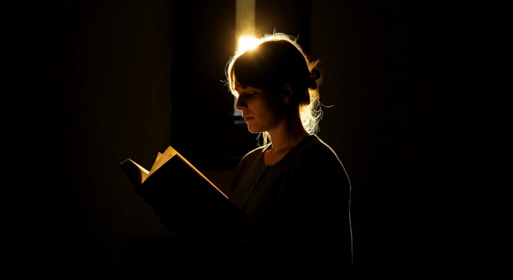 Eine Person halt ein offenes Buch, umringt von strahlendem Licht und schwebenden Informationen.