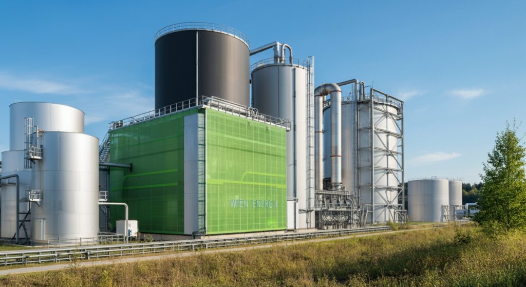 Wien Energie nutzt Wärme in der Spittelau jetzt dreifach Die Müllverbrennungsanlage Spittelau in Wien hat ihre Energieeffizienz deutlich gesteigert. Mit einer neuen Großwärmepumpe wird ab sofort die Abwärme der Rauchgasreinigung genutzt, um die Wärmenutzung zu verdreifachen. B. Photorealistic, vibrant colors, clean eco-tech aesthetic, lush greens, warm sunlight, shallow depth of field, high contrast, cinematic lighting, no text, no watermark.